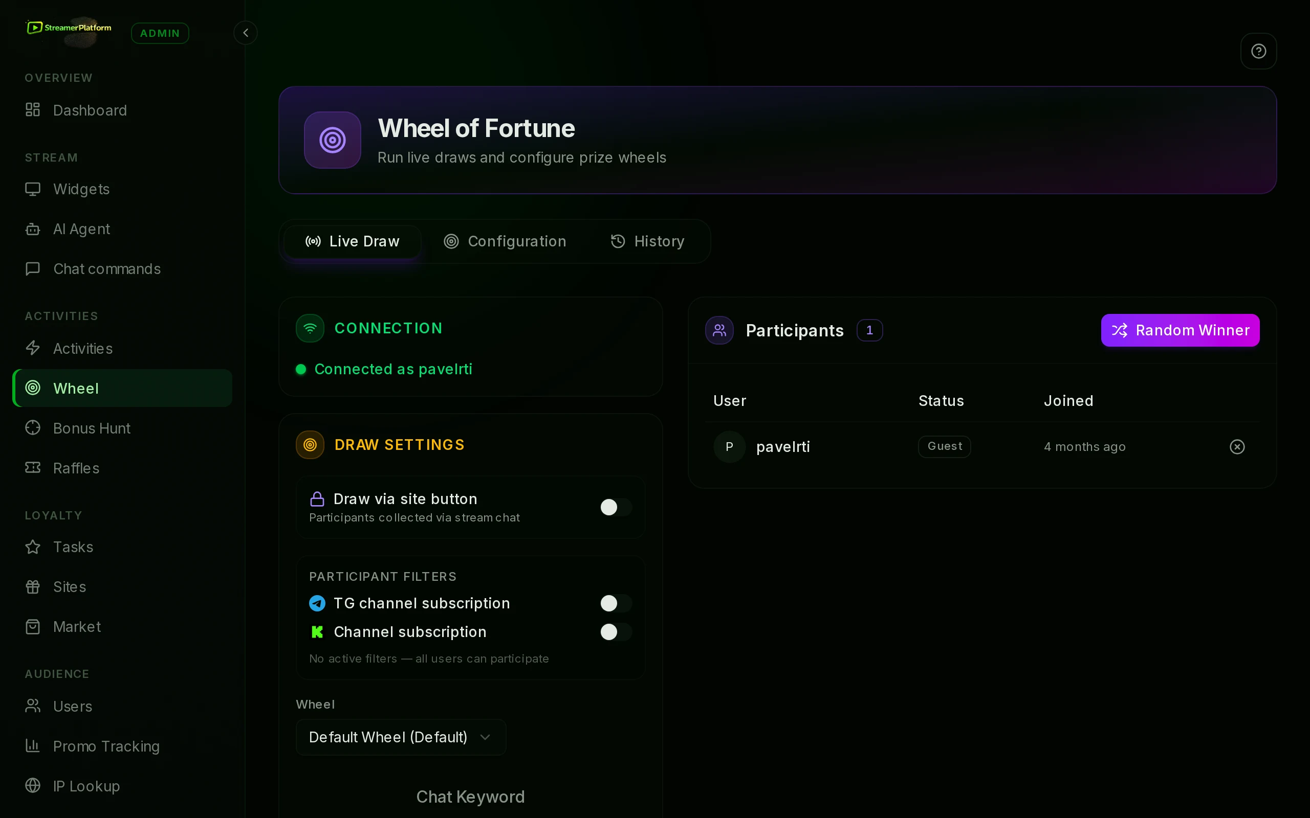Wheel setup in the admin panel: segments, prizes and collection mode