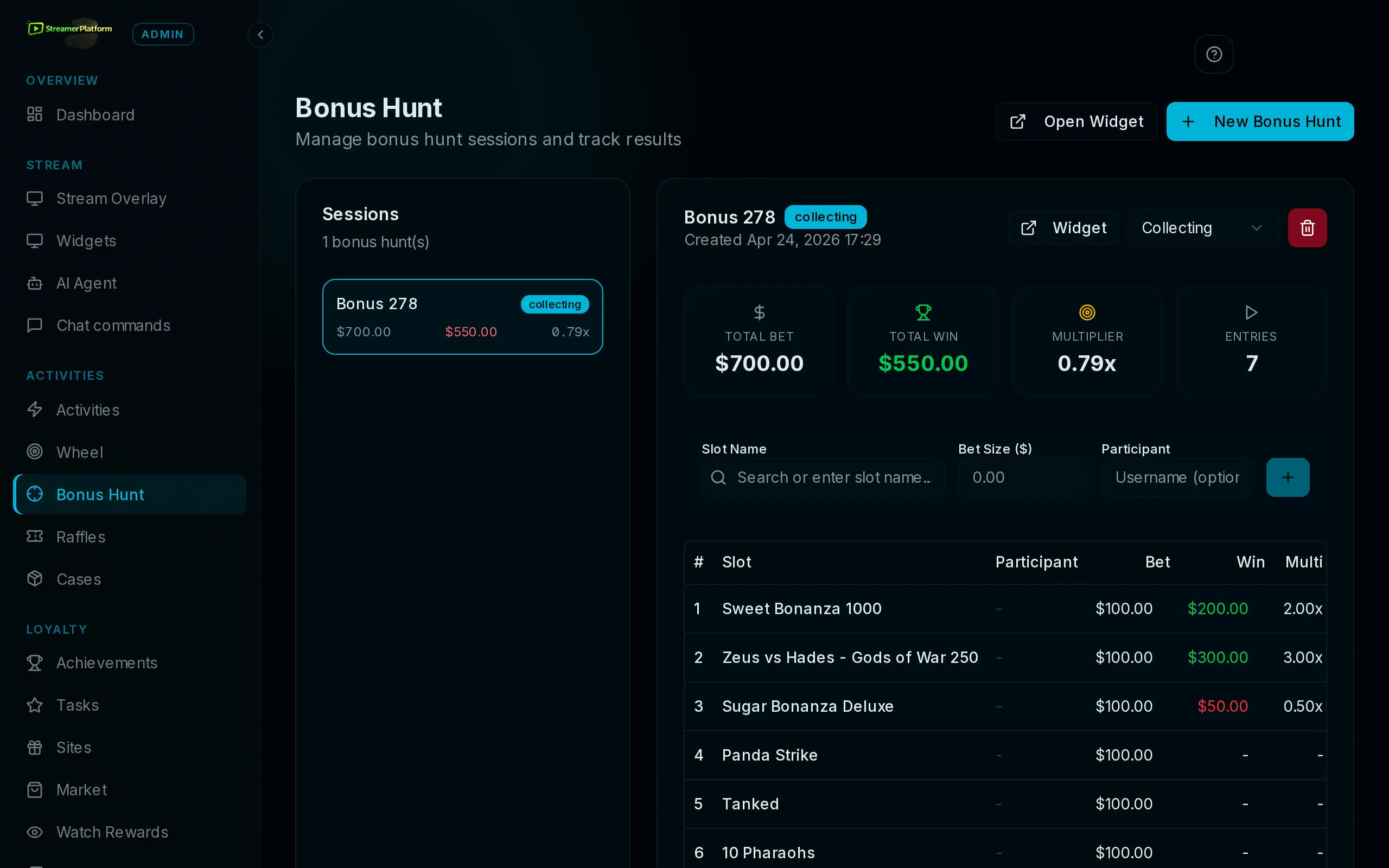 Bonus hunt with a live tracker