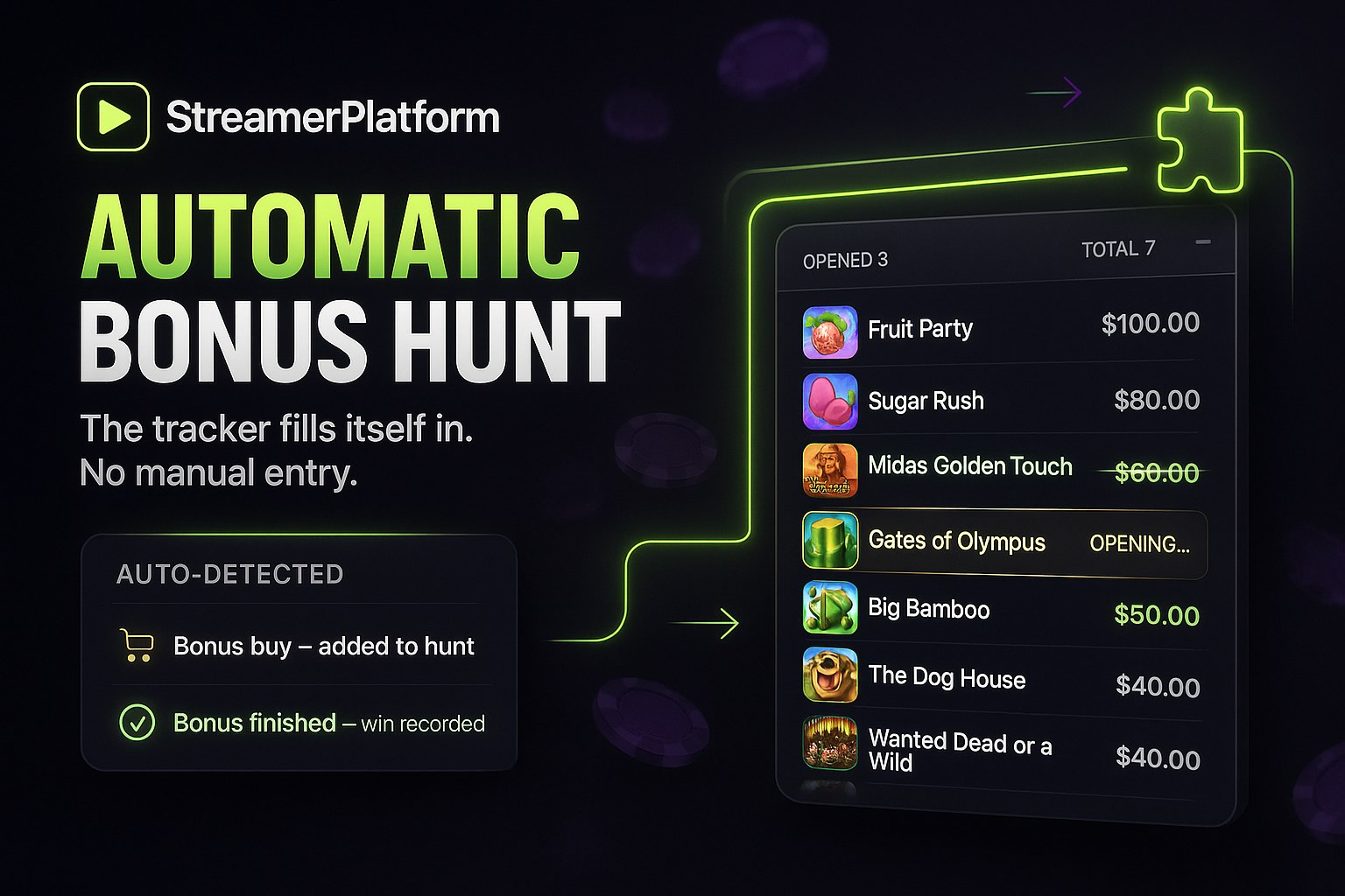 Automatic bonus hunt: the tracker fills itself in, no manual entry on stream