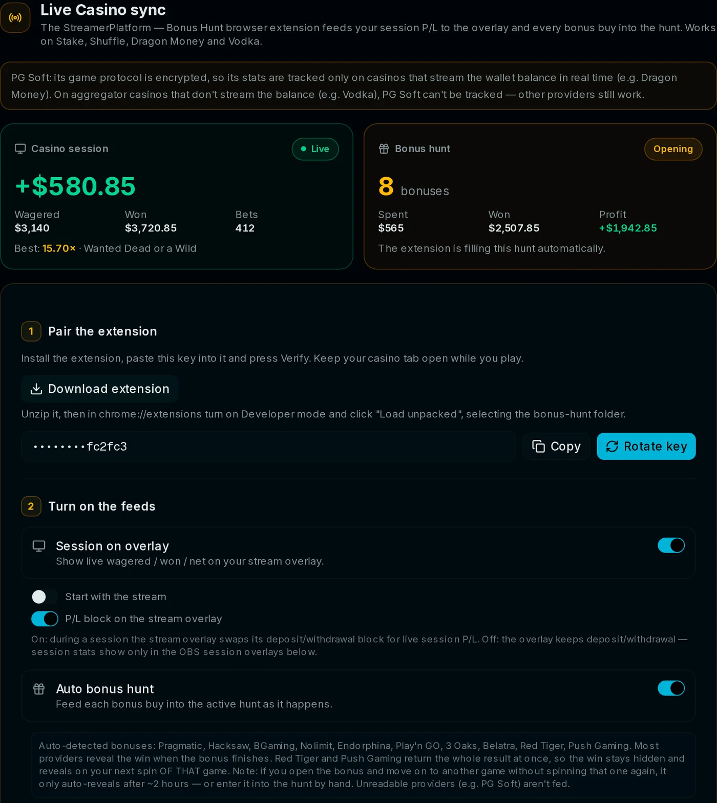 The Live Casino sync hub in the admin panel: a live session and a hunt the extension fills on its own